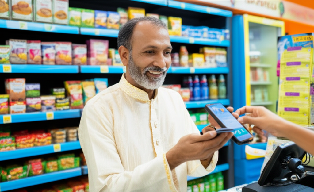 Shopkeeper accepting cash payment for bills